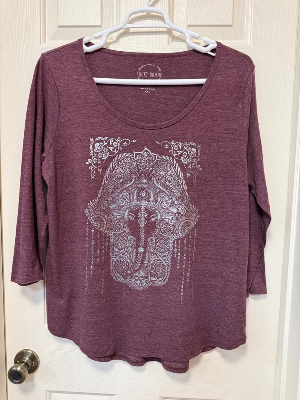Lucky Brand Plum Long-Sleeve Scoop Neck Top with White Elephant Motif